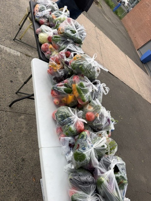 Long table lined with bags of fresh produce ready for neighbors to pick up